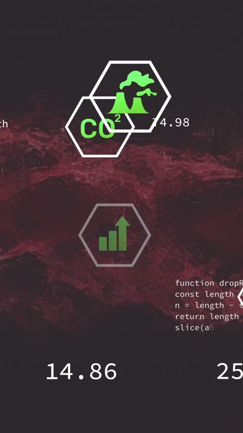 Animation of environmental icons with code snippets on red digital school Stock Footage 319727548