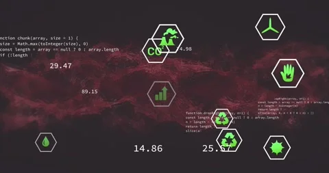 Animation of environmental icons with code snippets on red digital school Stock Footage 330179820