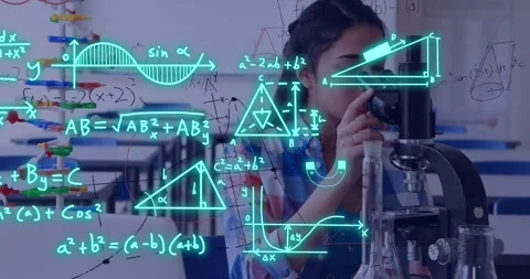 Animation of equations and data processing over female student in science lab Stock Footage 329409077