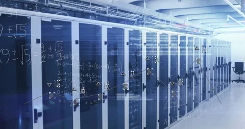 Animation of equations, graphs with digits, database and lens flare over server Stock-Footage 327901784