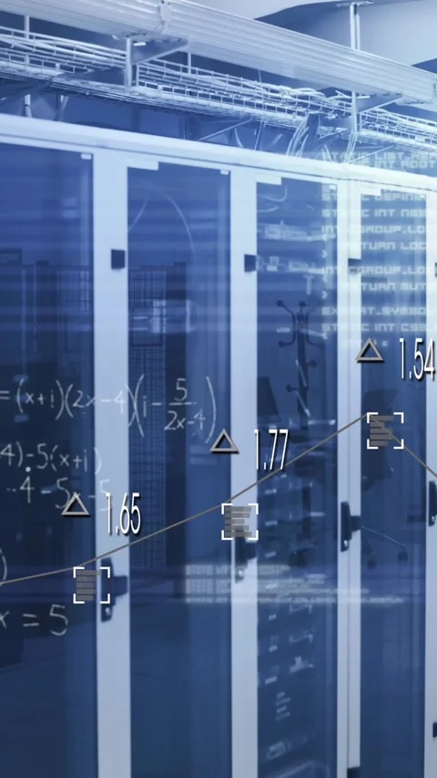 Animation of equations, graphs with digits, database and lens flare over server Stock-Footage 342600586