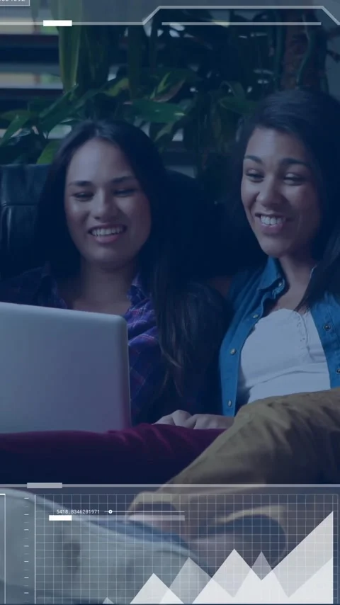 Animation of equations over happy diverse friends using laptop relaxing on couch Stock Footage 343996836