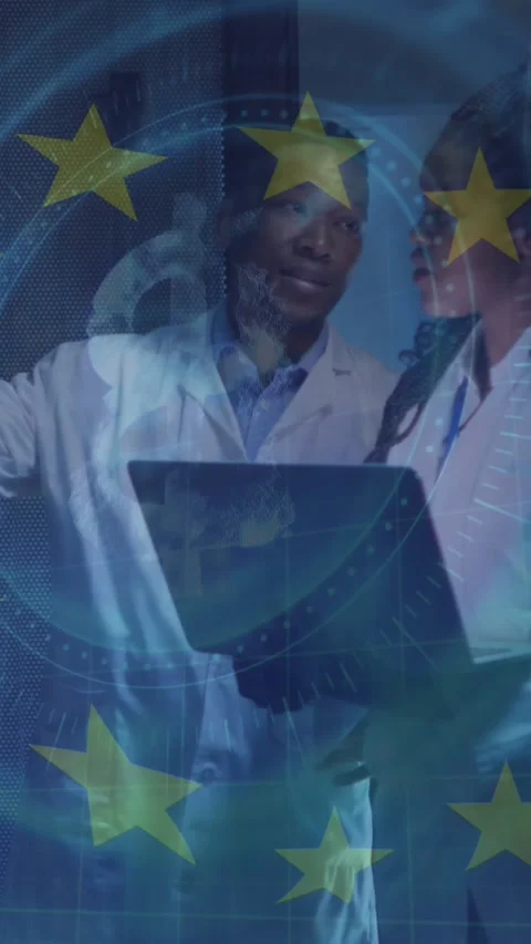 Animation of eu flag over african american couple using laptop in server room Stock Footage 341918445