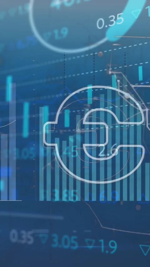 Animation of euro symbol, navigation pattern, multiple graphs and trading board Stock Footage 344783640