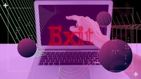 Animation of exit text in red neon, spheres and parallel lines over hand Stock Footage 165162162