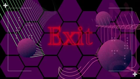 Animation of exit text in red neon, spheres and parallel lines over purple Stock Footage 165162256