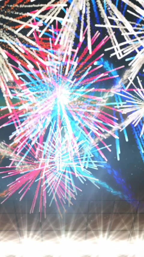 Animation of exploding colourful fireworks and spotlights on black background Stock Footage 319925794
