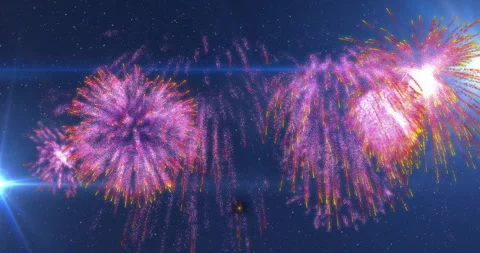 Animation of exploding fireworks and glowing light trails moving over blue 動画素材 310303968