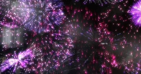 Animation of exploding pink fireworks scrolling on black background 스톡 동영상 329220328