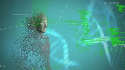 Animation of explosion of digital human, dna molecules, programming language Stock Footage 206315647