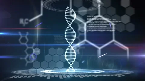 Animation of eye in circle over dna helix, hexagons and computer language on Stock Footage 327444900