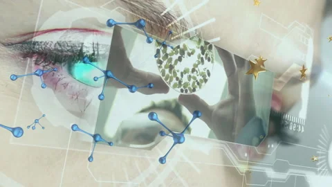 Animation of eye with digital elements and molecular structures in scientific Stock Footage 306200114