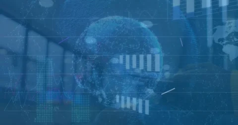 Animation of eye, graphs, loading circles and globes over empty warehouse Stock Footage 330594159