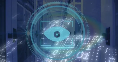 Animation of eye icon, binary coding and data processing over computer servers Video stock 253474040