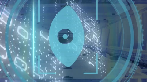 Animation of eye icon, binary coding and data processing over computer servers Video stock 313296053