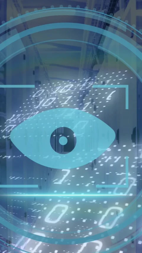Animation of eye icon, binary coding and data processing over computer servers Video stock 320854793