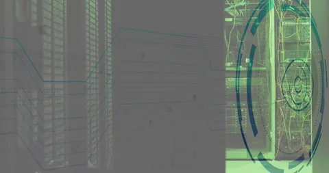 Animation of eye retina round scanner and microprocessor connections over Video stock 246734690