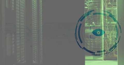 Animation of eye retina round scanner against computer server room Stock Footage 329771701