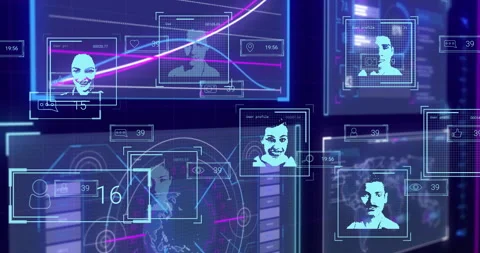 Animation of facial recognition and data analysis on digital interface Stock Footage 304764345