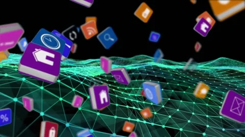 Animation of falling 3d icons over dynamic wave pattern against black background Video stock 328712635
