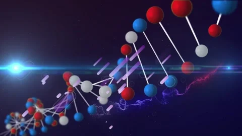 Animation of falling abstract pattern, dna helix, lens flare over blue Stock Footage 329967846