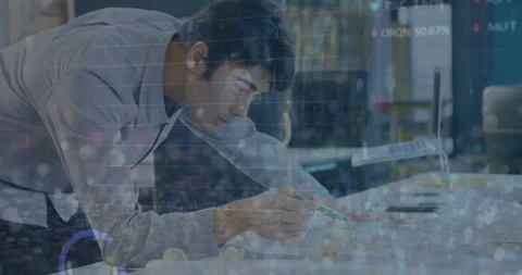 Animation of falling abstract patterns and trading board over asian architect Stock Footage 329770286