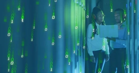 Animation of falling binary codes, african american coworkers discussing in Stock Footage 327961895