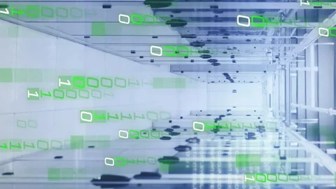 Animation of falling binary codes and computer language over server room Stock Footage 312548537