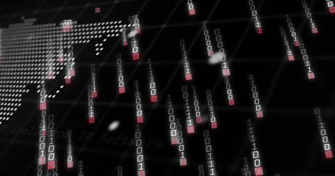 Animation of falling binary codes and programming language over dots forming map Stock Footage 315948997