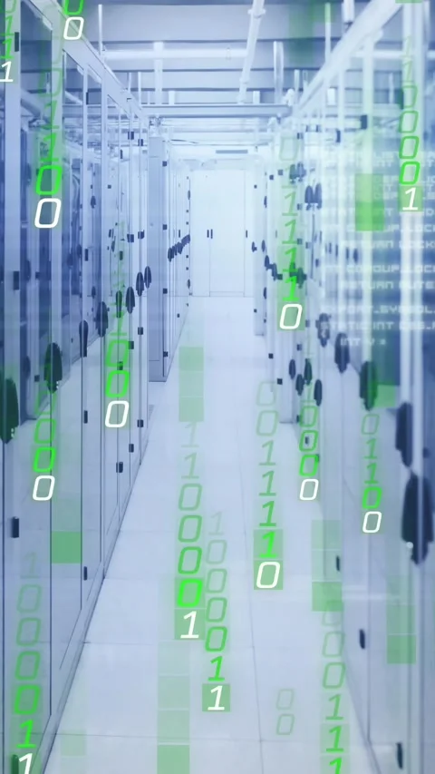 Animation of falling binary codes and computer language over server room Stock Footage 321513484