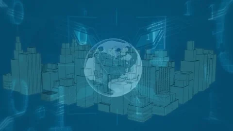 Animation of falling binary codes and rotating globe with 3d model of cityscape Stock Footage 327061675