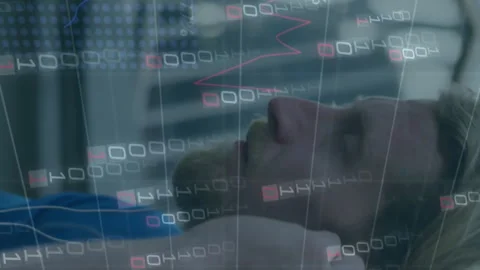 Animation of falling binary codes, graphs, changing numbers, caucasian man Stock Footage 312410949