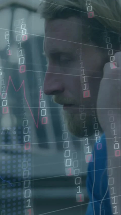 Animation of falling binary codes, graphs, changing numbers, caucasian man Stock Footage 323578894