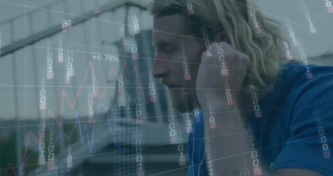 Animation of falling binary codes, graphs, changing numbers, caucasian man Stock Footage 328358149