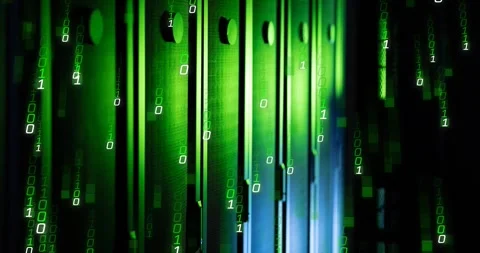 Animation of falling binary codes over sever racks in server room Stock Footage 240259968