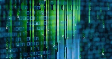Animation of falling binary codes over data server racks in server room Stock Footage 253429354