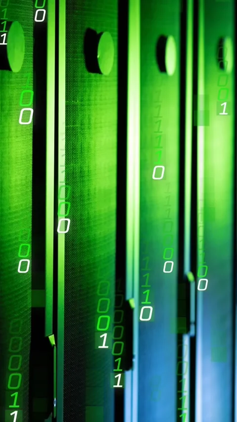 Animation of falling binary codes over sever racks in server room 動画素材 343996416