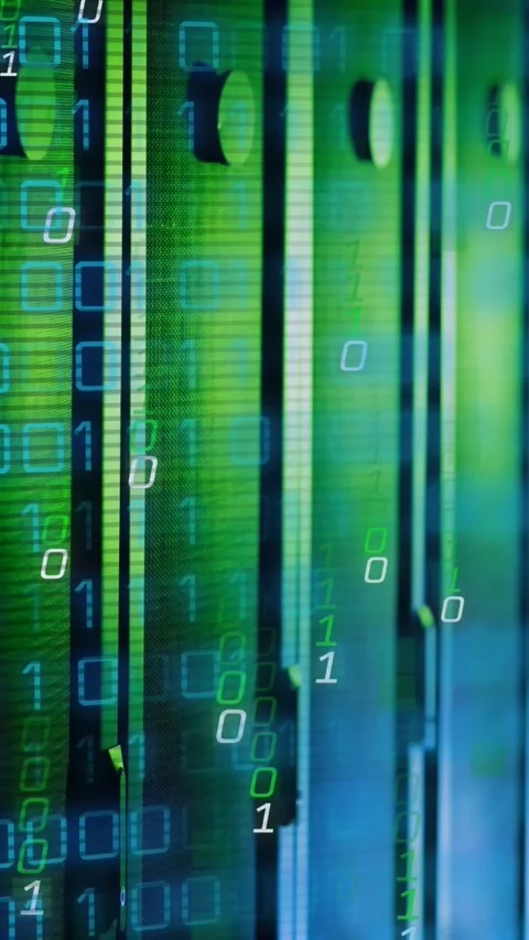 Animation of falling binary codes over data server racks in server room Stock Footage 344783706