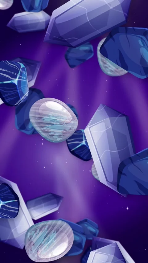 Animation of Falling Blue Crystals and Gems Over Purple Glitter Background Stock Footage 342467740