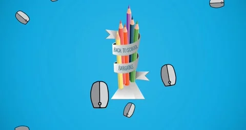 Animation of falling computer mice and back to school bargains colored pencils, Stock Footage 155694161