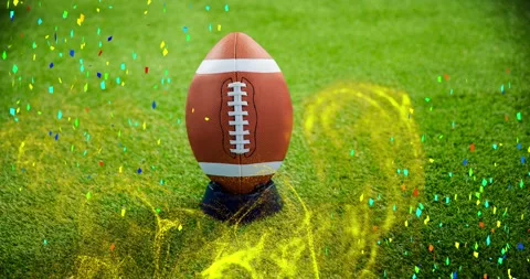 Animation of falling confetti and abstract pattern and rugby ball over stand on Stock Footage 328254898