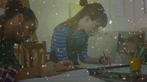 Animation of falling confetti over diverse group of people art class Stock Footage 329290984