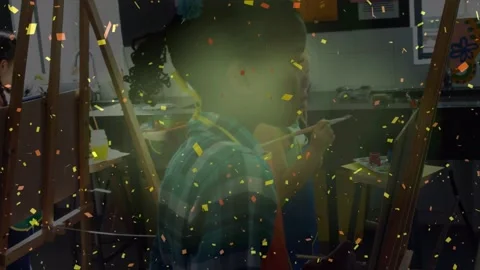 Animation of falling confetti over diverse group of children art class Stock Footage 330054164