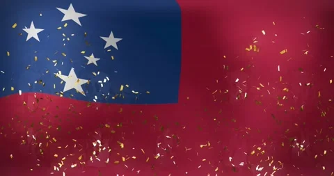 Animation of falling confetti over waving flag of samoa in background Stock Footage 329979599