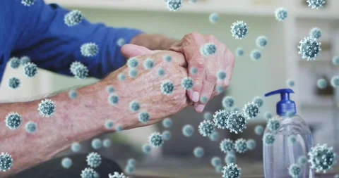 Animation of falling covid 19 cells over man washing hands Stock-Footage 168443522