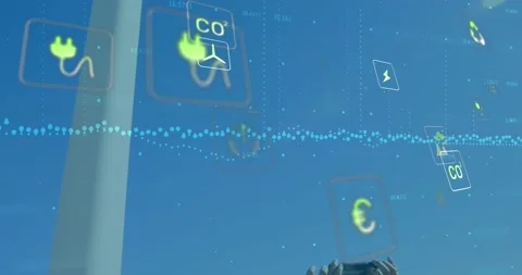 Animation of falling eco icons over windmill Stock Footage 201225577