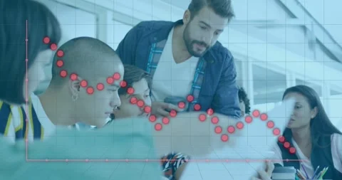 Animation of falling graph and grid pattern over diverse coworkers sharing ideas Stock Footage 251290704