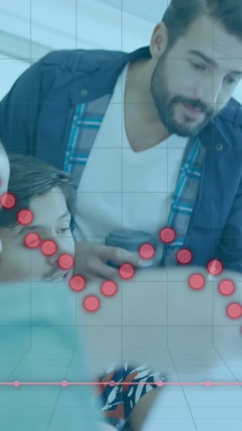 Animation of falling graph and grid pattern over diverse coworkers sharing ideas Stock Footage 343504350