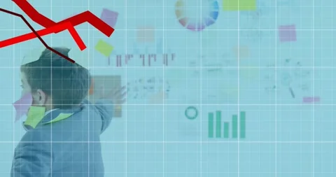 Animation of falling graph over caucasian boy spinning with sticky notes on face Stock Footage 328408636