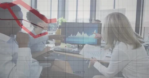 Animation of falling graphs and grid pattern over diverse coworkers discussing Stock Footage 329850677